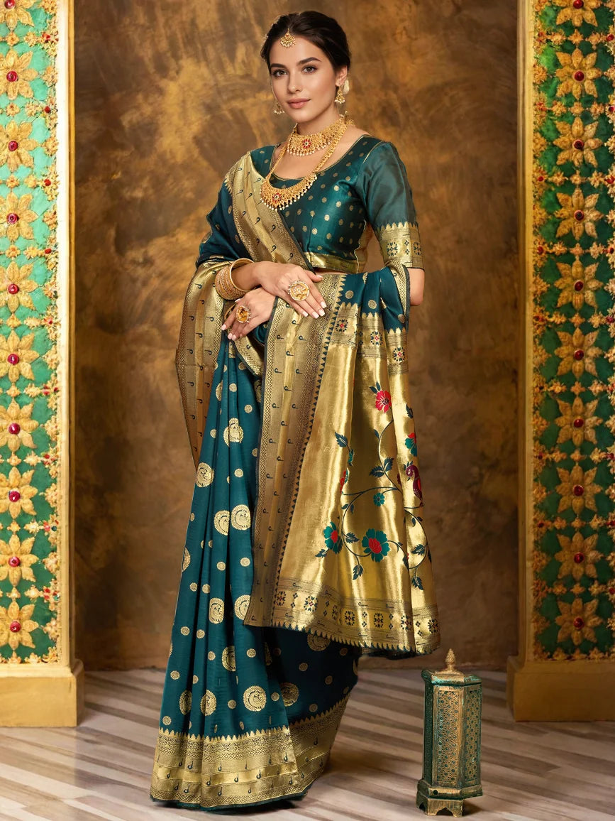 Teal Green Zari Weaving Silk Paithani Saree For Women's - Rheycart