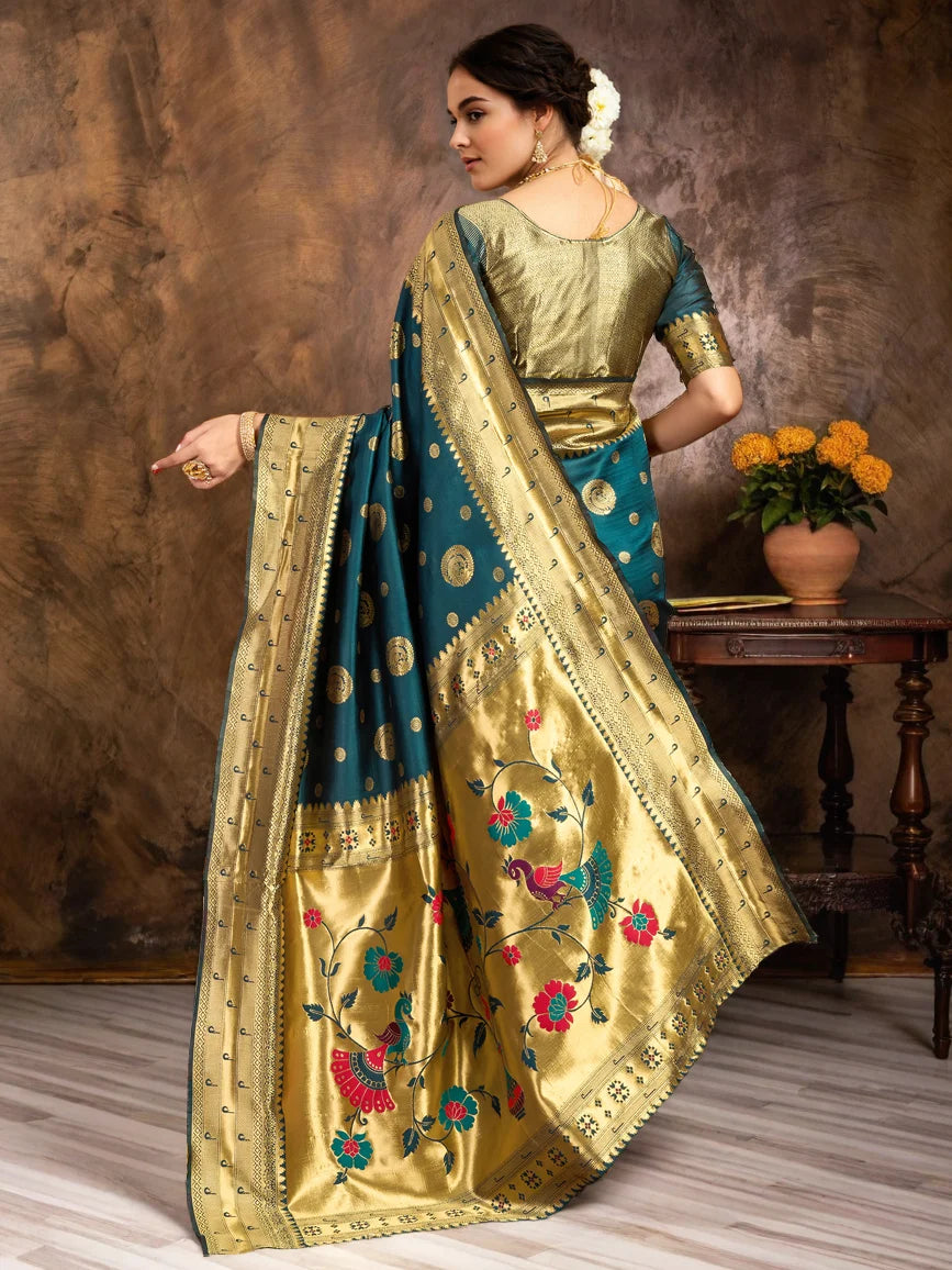 Teal Green Zari Weaving Silk Paithani Saree For Women's - Rheycart