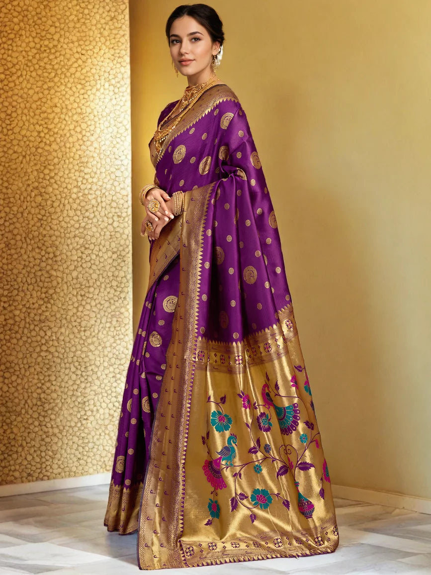 Purple Silk Blend Paithani Saree With Unstitched Blouse - Rheycart