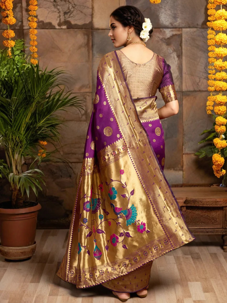 Purple Silk Blend Paithani Saree With Unstitched Blouse - Rheycart