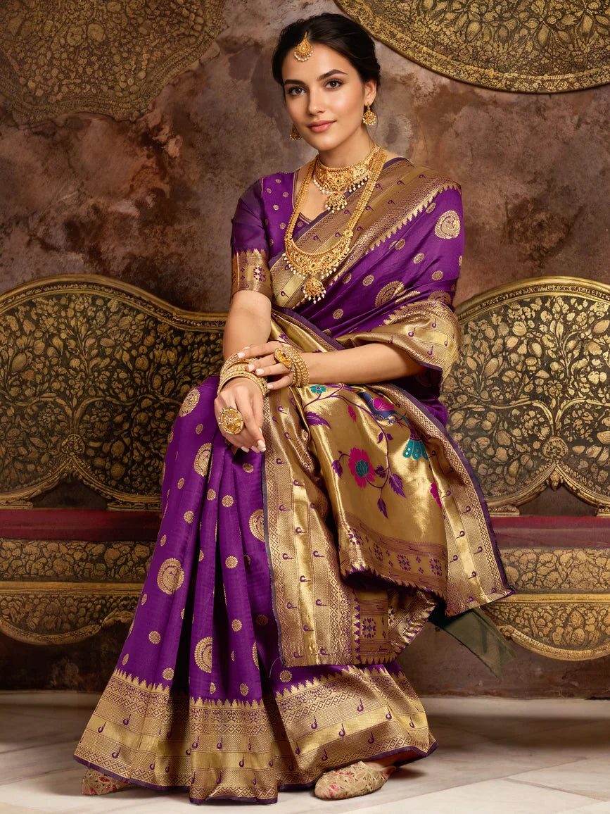 Purple Silk Blend Paithani Saree With Unstitched Blouse - Rheycart