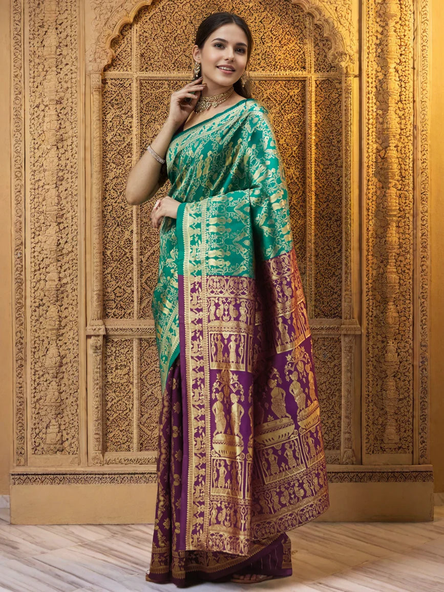 Silk Blend Green And Wine Paithani Saree For Wedding - Rheycart
