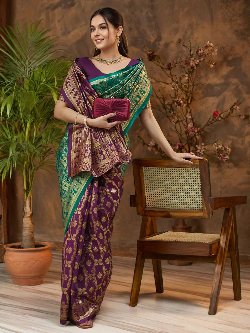 Silk Blend Green And Wine Paithani Saree For Wedding - Rheycart