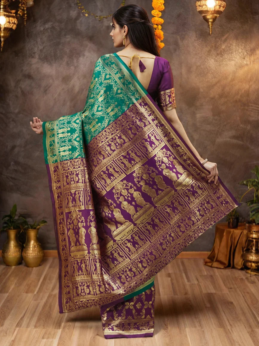 Silk Blend Green And Wine Paithani Saree For Wedding - Rheycart