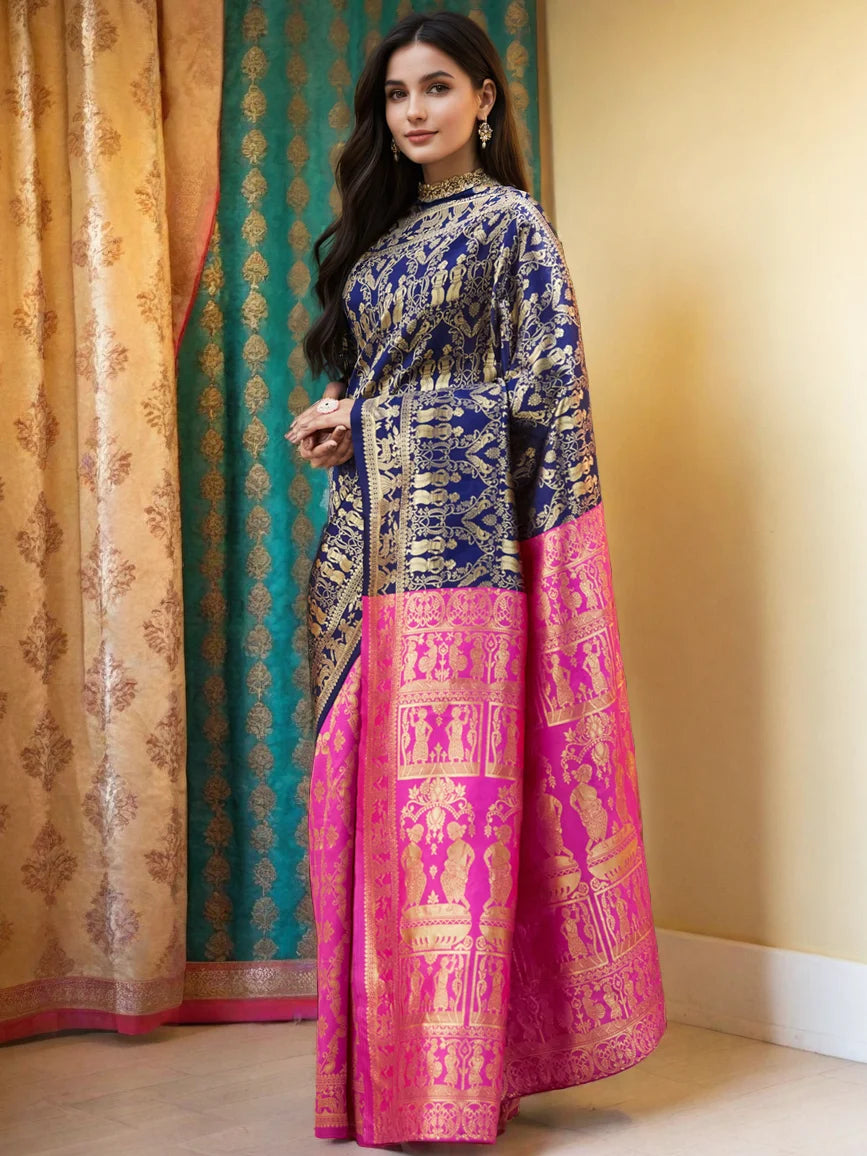 Blue And Pink Heavy Pallu Paithani Silk Blend Saree