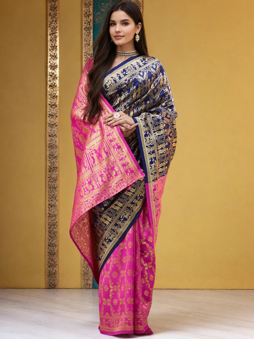 Blue And Pink Heavy Pallu Paithani Silk Blend Saree