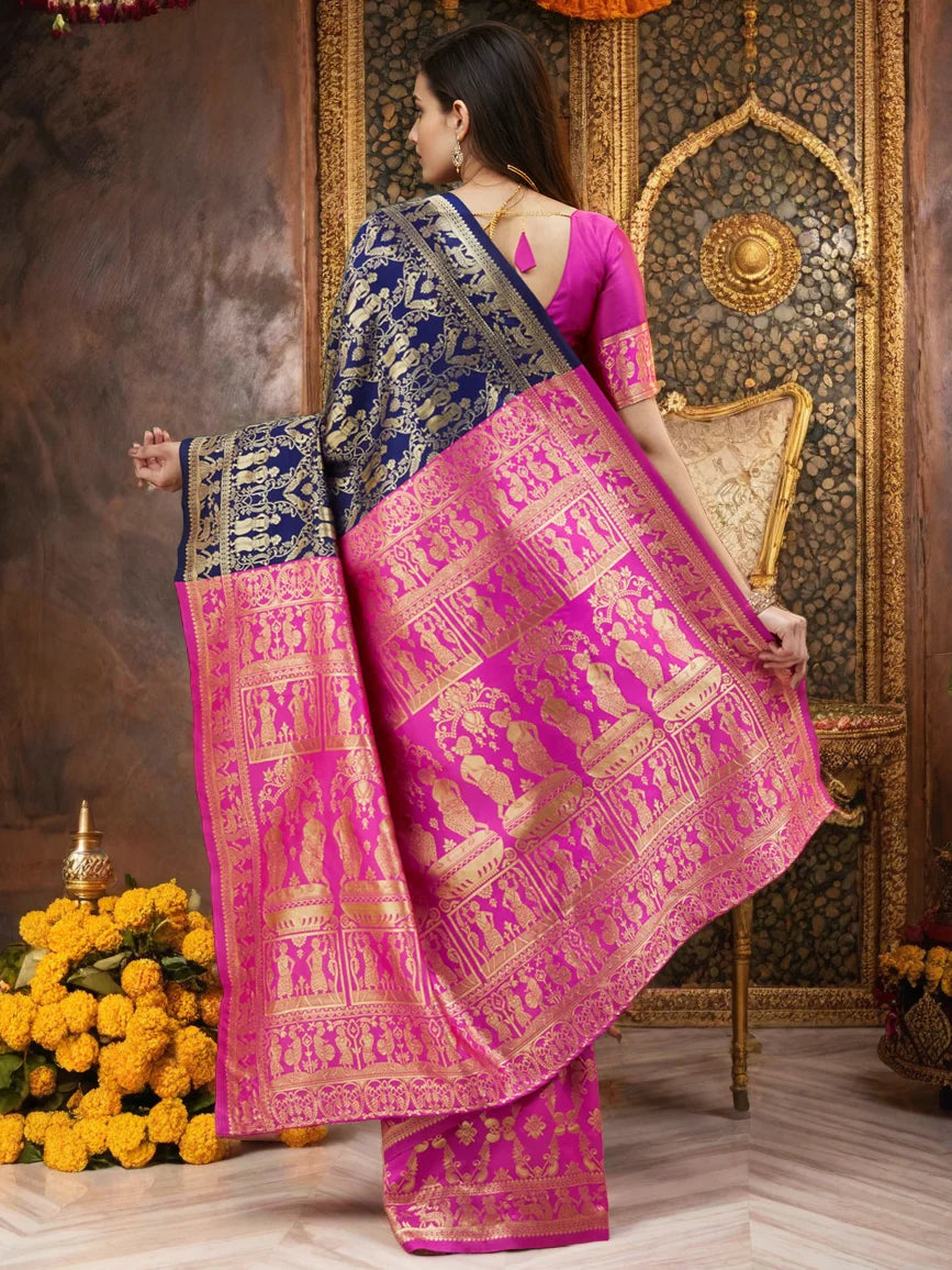Blue And Pink Heavy Pallu Paithani Silk Blend Saree