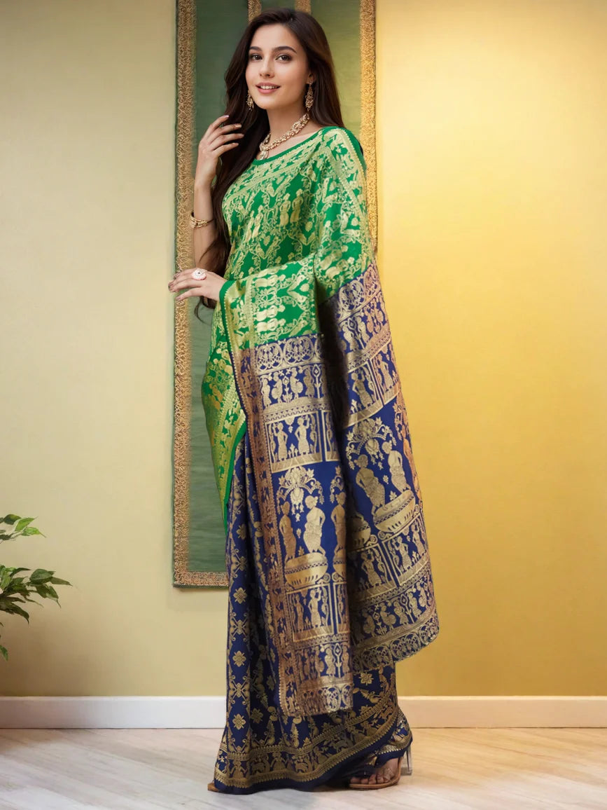Luxury Heavy Pallu Green And Blue Paithani Silk Blend Saree