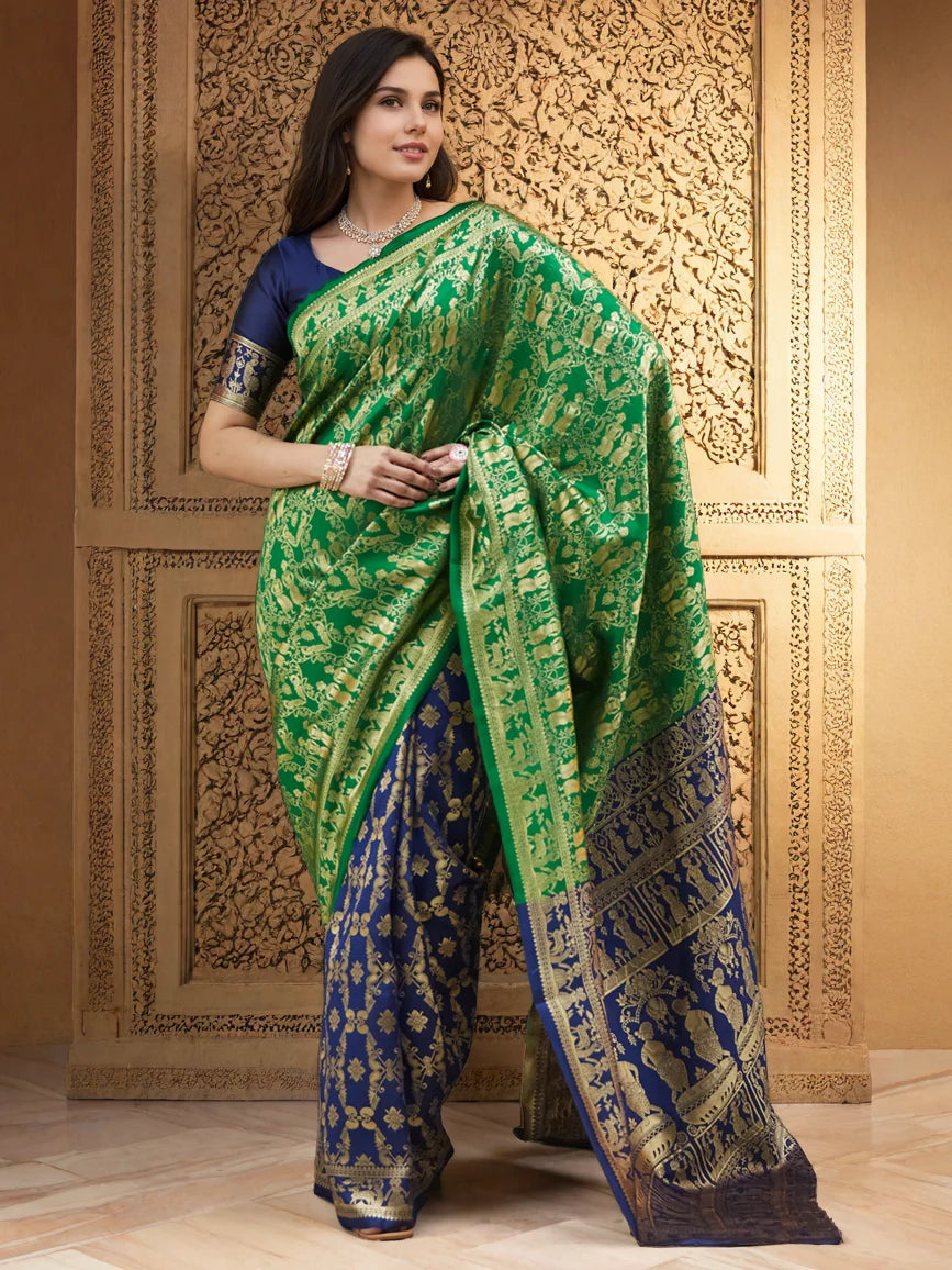 Luxury Heavy Pallu Green And Blue Paithani Silk Blend Saree