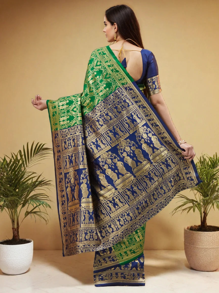 Luxury Heavy Pallu Green And Blue Paithani Silk Blend Saree