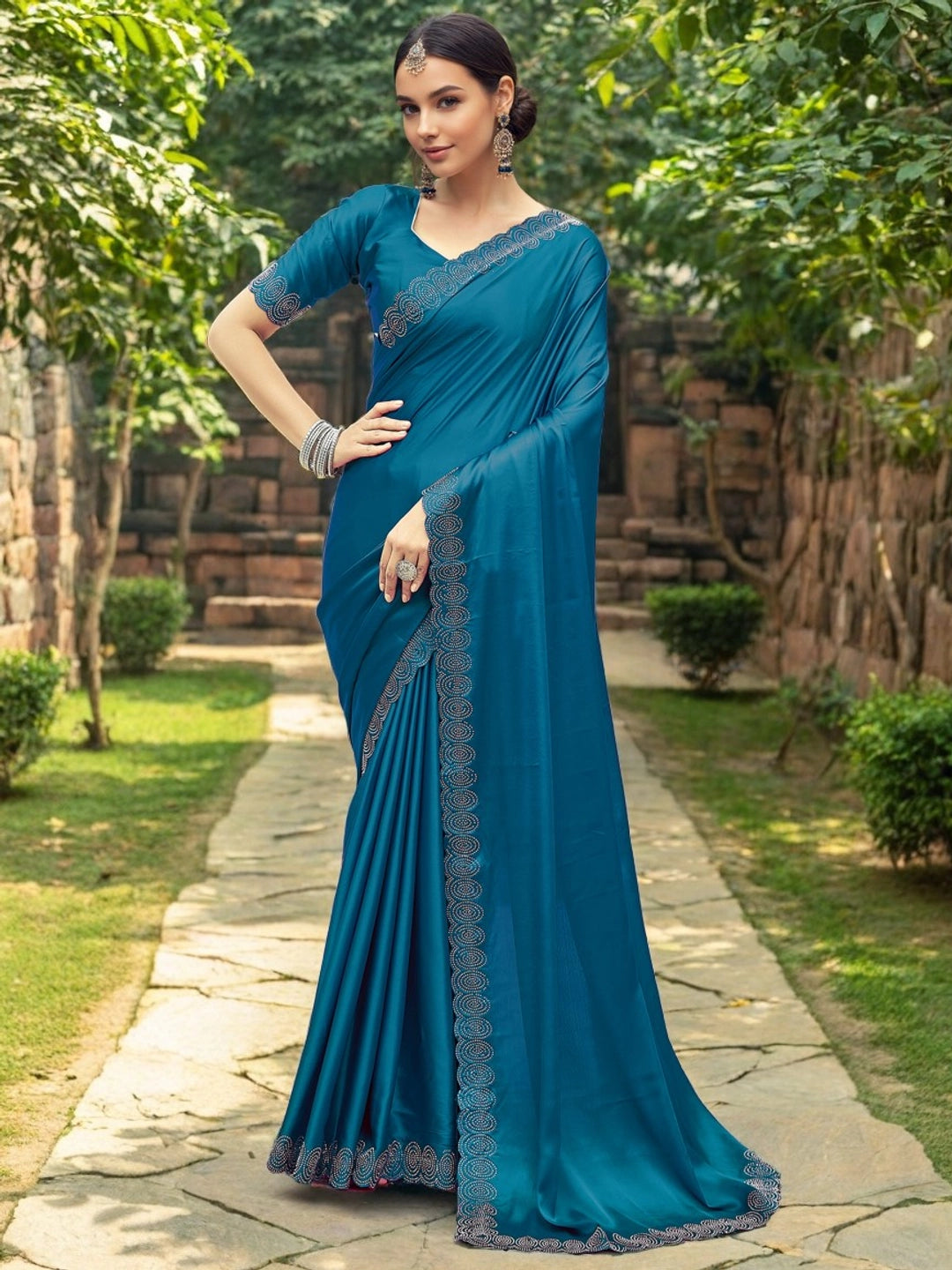Teal Color Silk Saree With Unstiched Blouse Piece - Rheycart