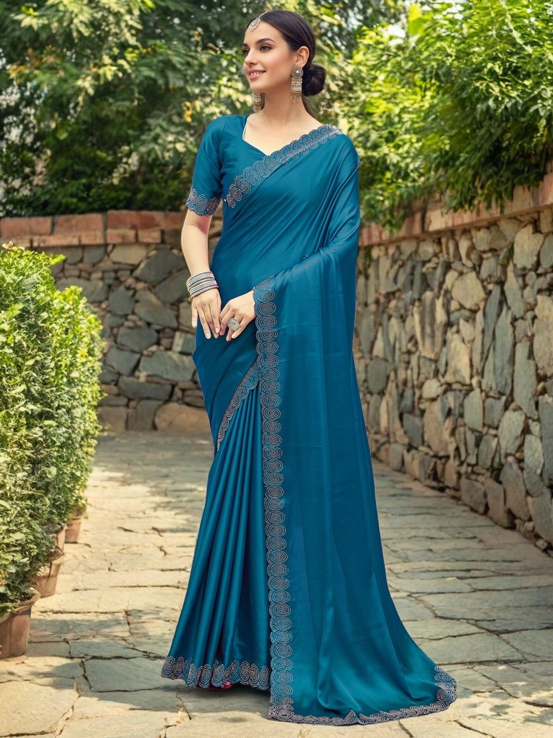 Teal Color Silk Saree With Unstiched Blouse Piece - Rheycart