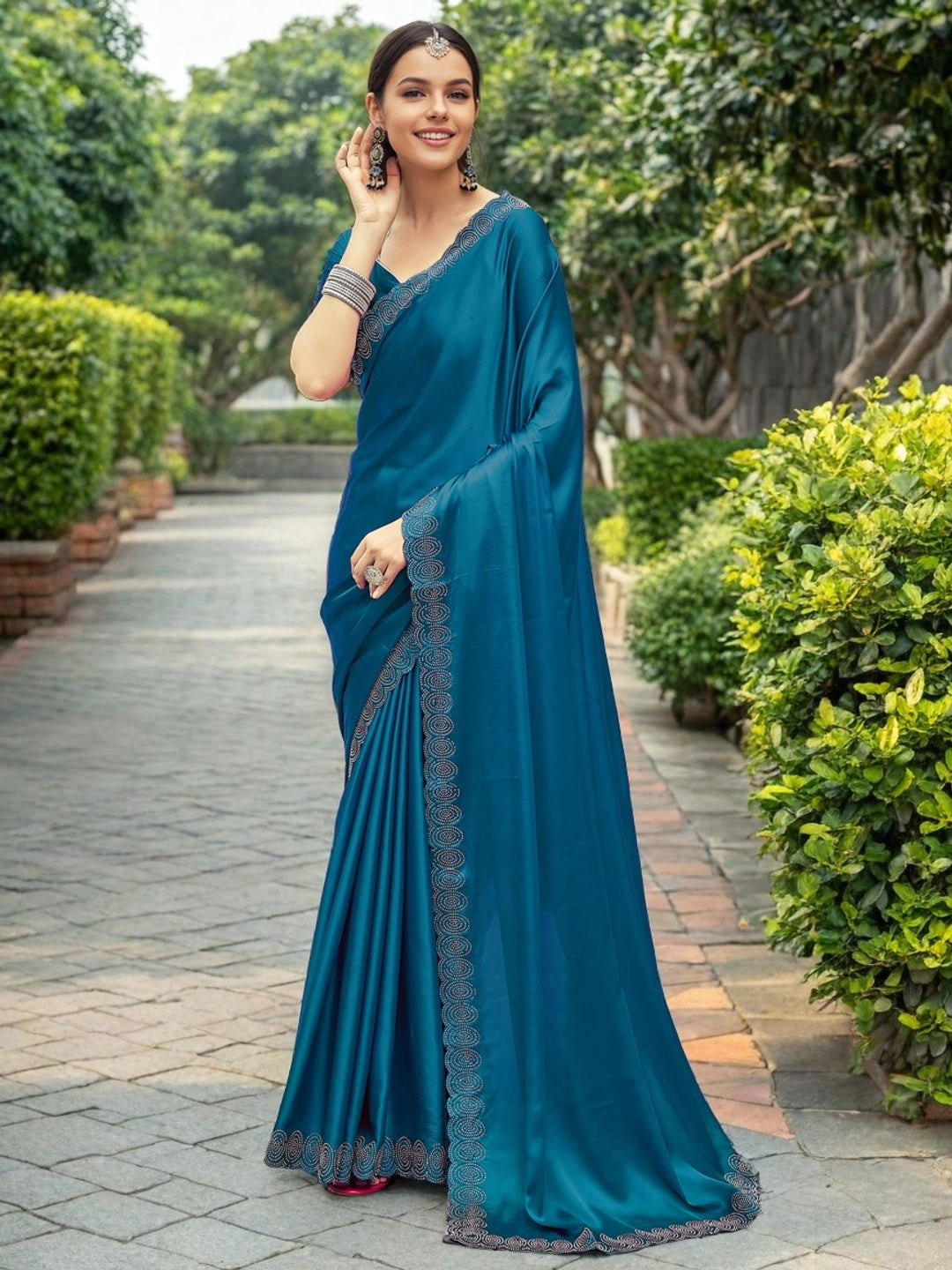 Teal Color Silk Saree With Unstiched Blouse Piece - Rheycart