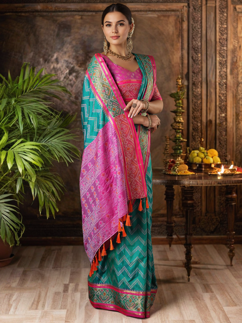 Turquoise Blue Patola Woven Silk Saree