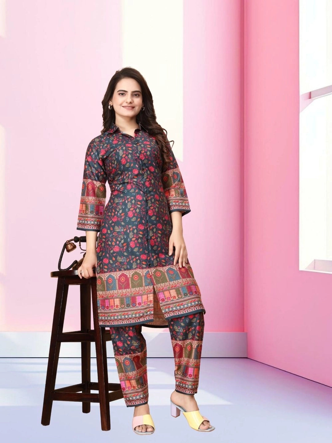 Rusty Red Floral Pattern Cotton Rayon Co-ord Set - Rheycart