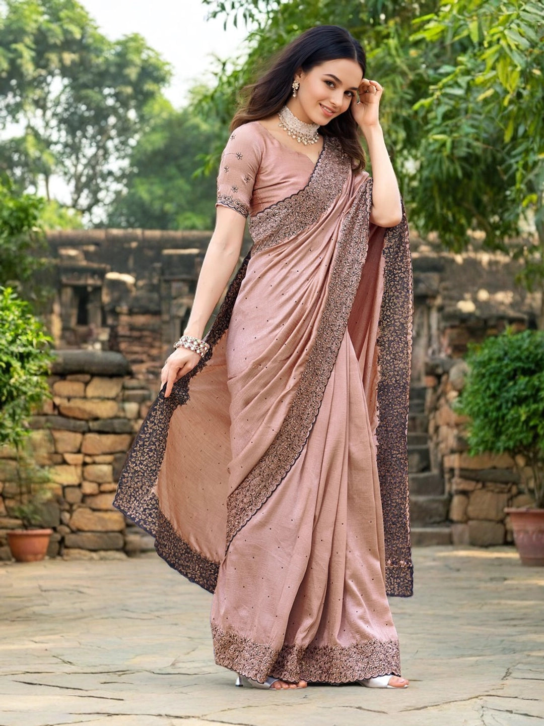 Light Peach Silk Saree With Stone Work - Rheycart