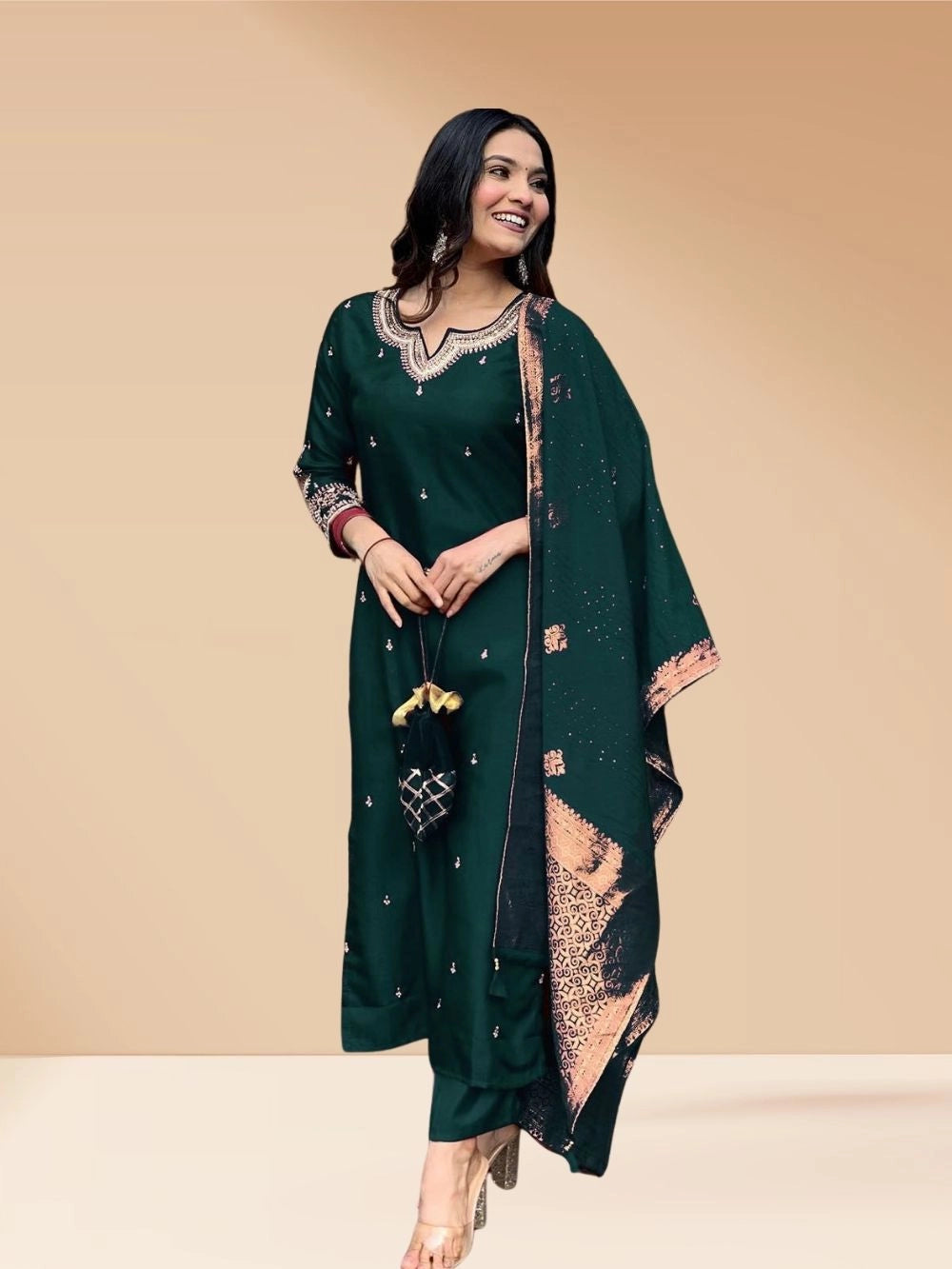 Dark Green PV Chanderi Silk Kurti Set For Women - Rheycart