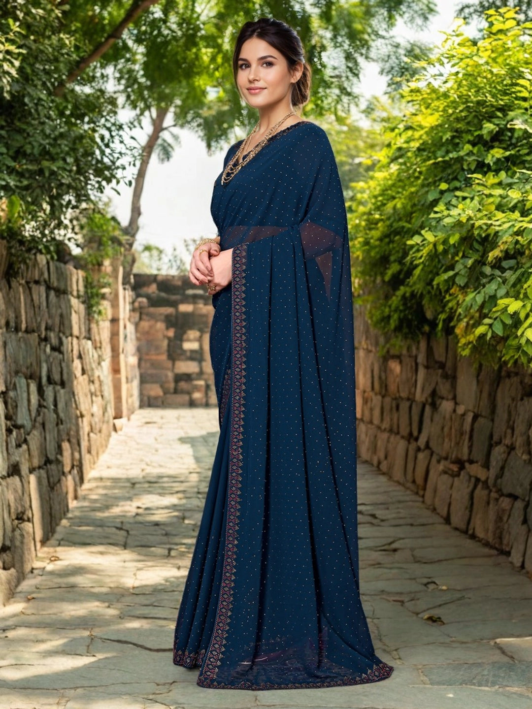 Stone Work Blue Georgette Women Saree - Rheycart