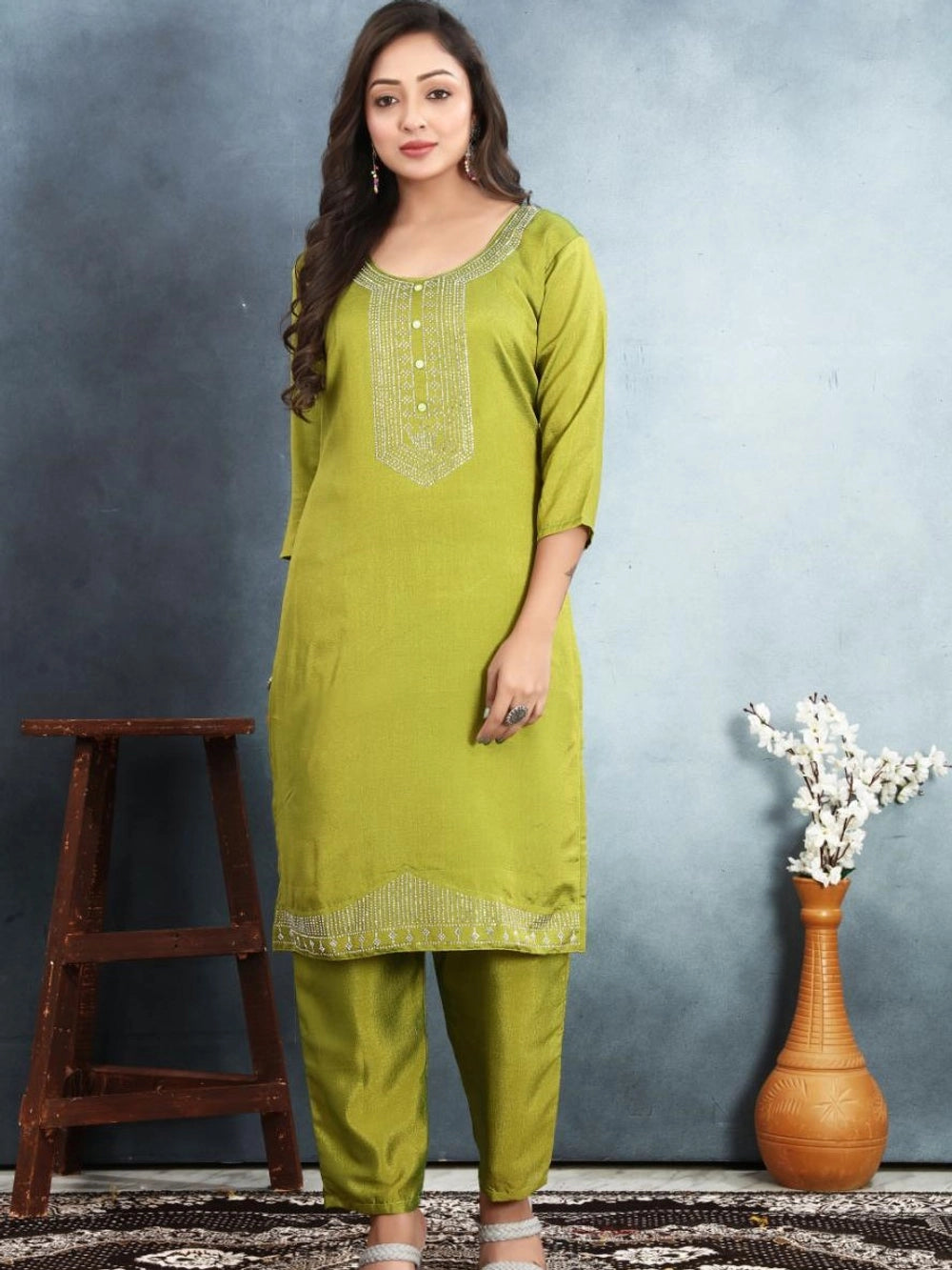Lime Green Color Vichitra Silk Kurti For Women's - Rheycart