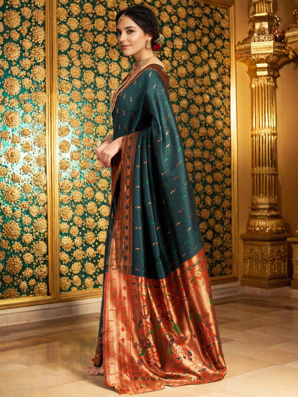 Teal Blue Silk Blend Paithani Saree With Unstitched Blouse - Rheycart