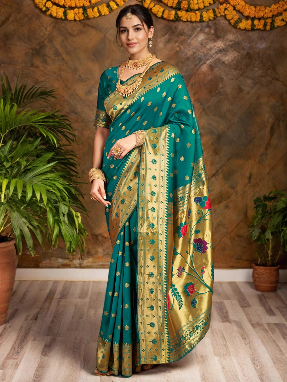 Dark Green Silk Blend Zari Weaving Paithani Saree - Rheycart