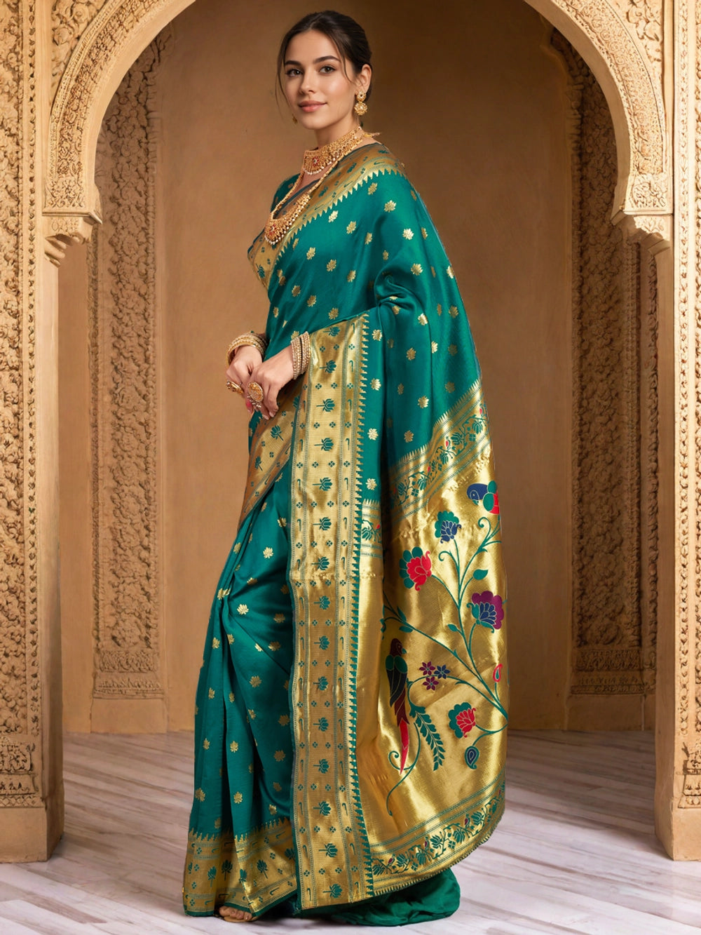 Dark Green Silk Blend Zari Weaving Paithani Saree - Rheycart