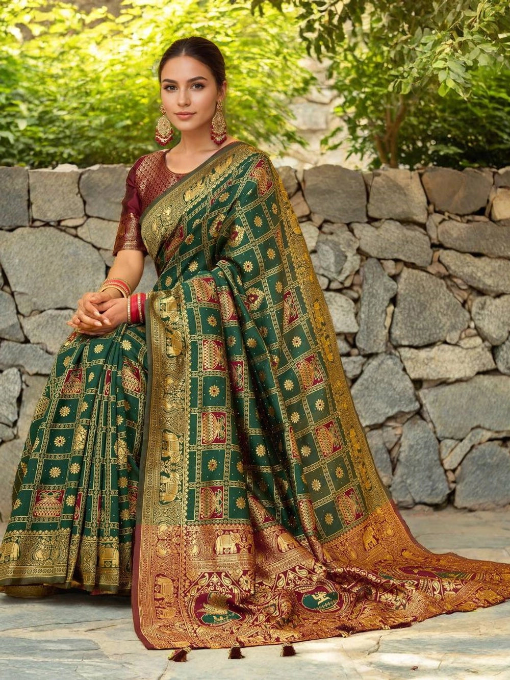 Heavy Paithani Dark Green Silk Saree - Rheycart