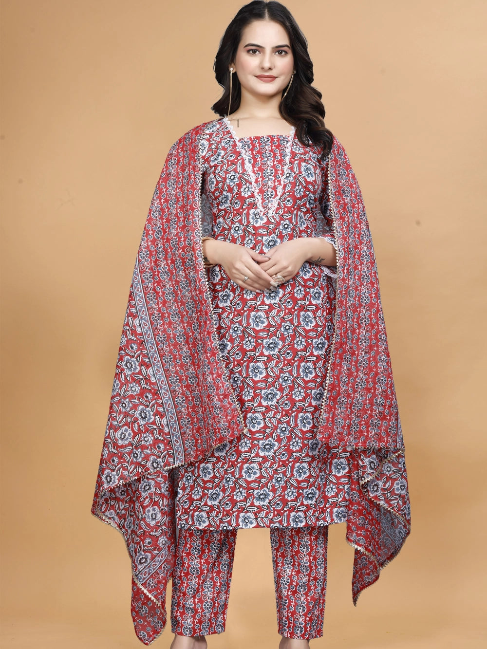 Rusy Red Cotton Floral Printed Kurti Set - Rheycart