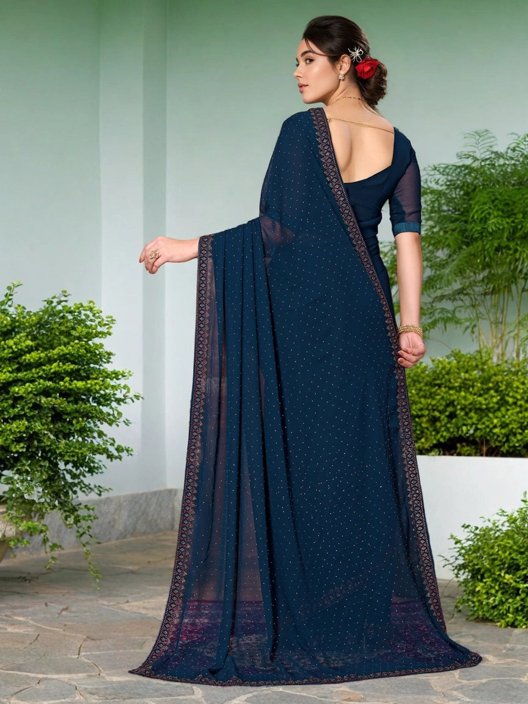 Stone Work Blue Georgette Women Saree - Rheycart