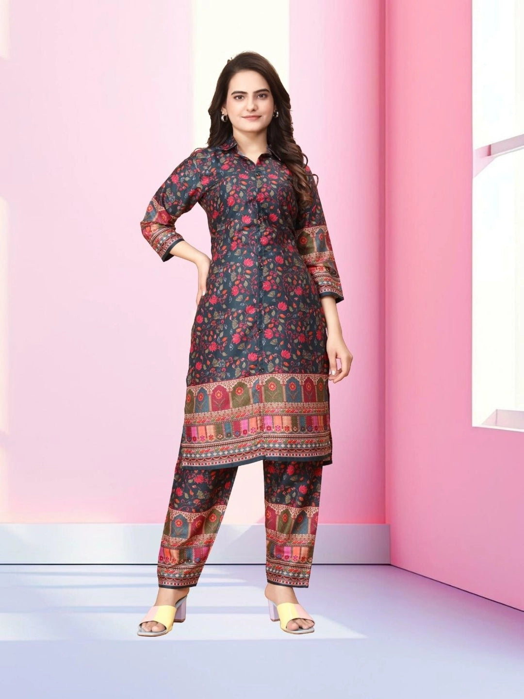 Rusty Red Floral Pattern Cotton Rayon Co-ord Set - Rheycart