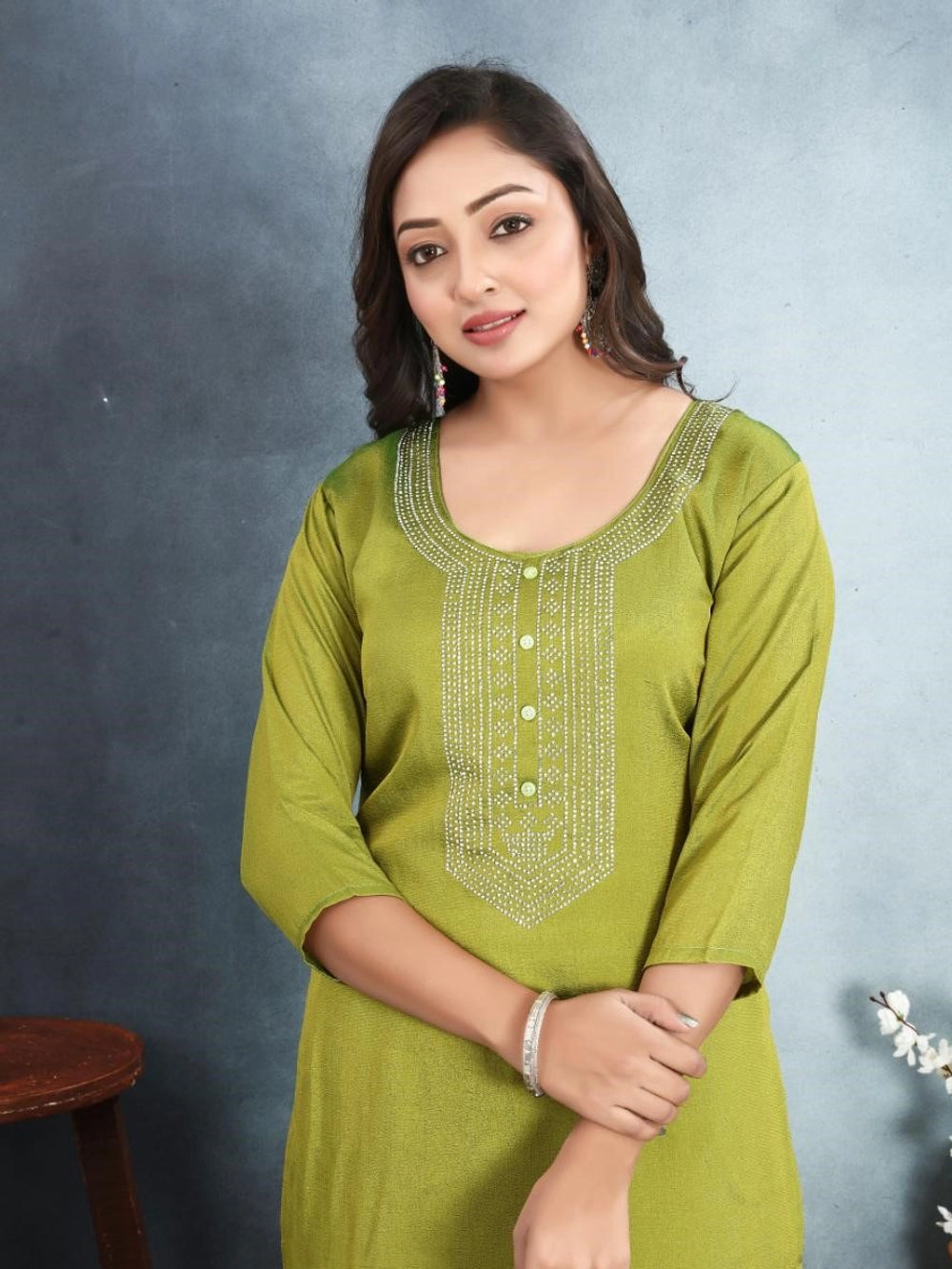 Lime Green Color Vichitra Silk Kurti For Women's - Rheycart