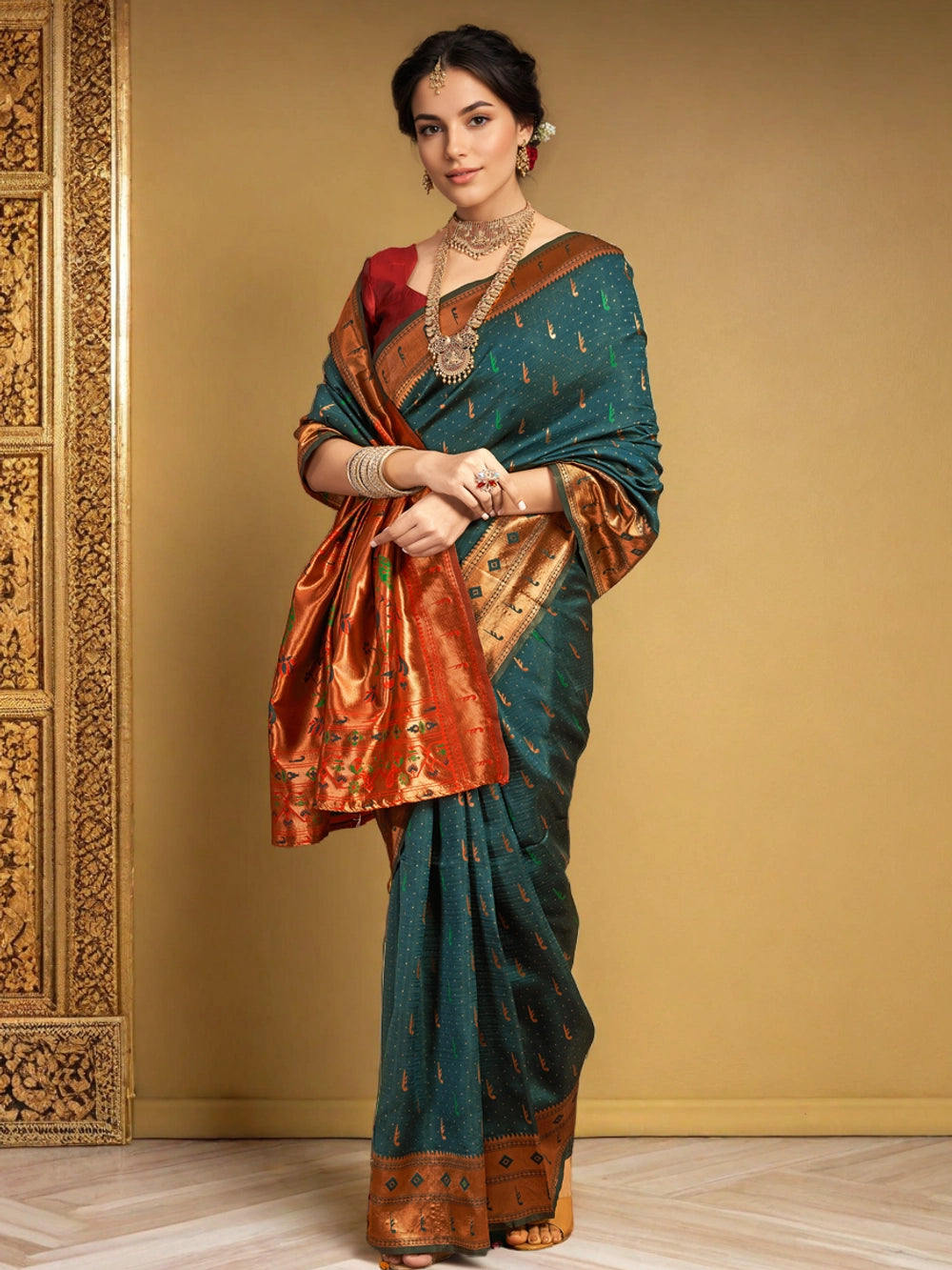 Teal Blue Silk Blend Paithani Saree With Unstitched Blouse - Rheycart