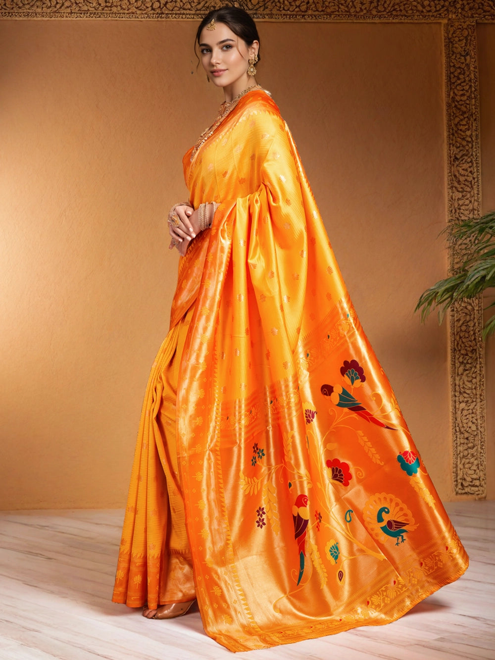 Orange Zari Weaving Paithani Silk Saree - Rheycart