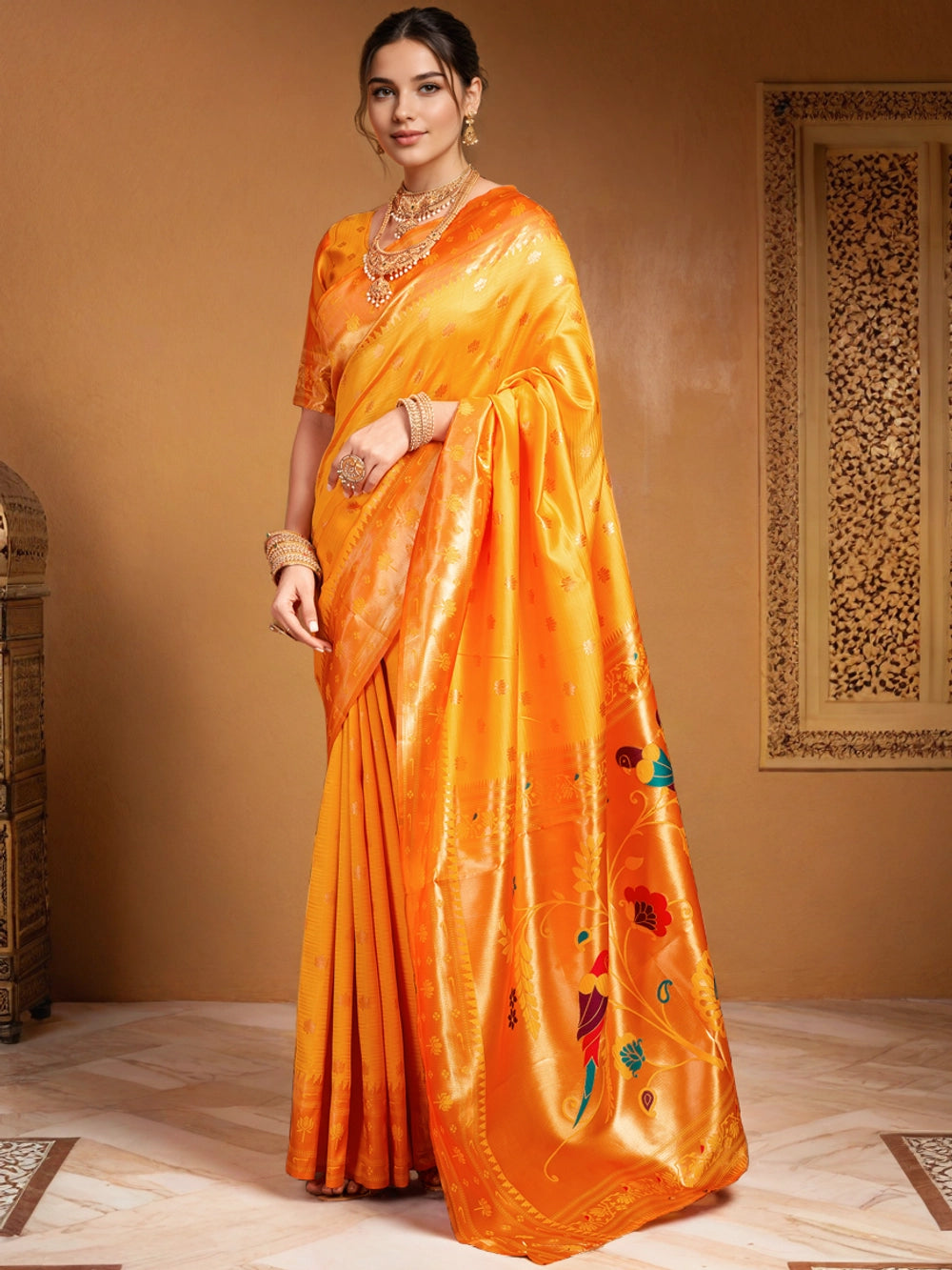 Orange Zari Weaving Paithani Silk Saree - Rheycart