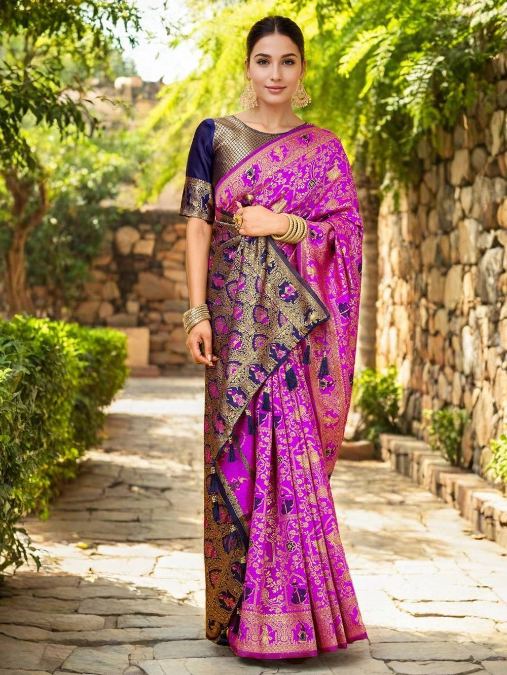 Rani Silk Woven Saree With Unstitched Blouse - Rheycart