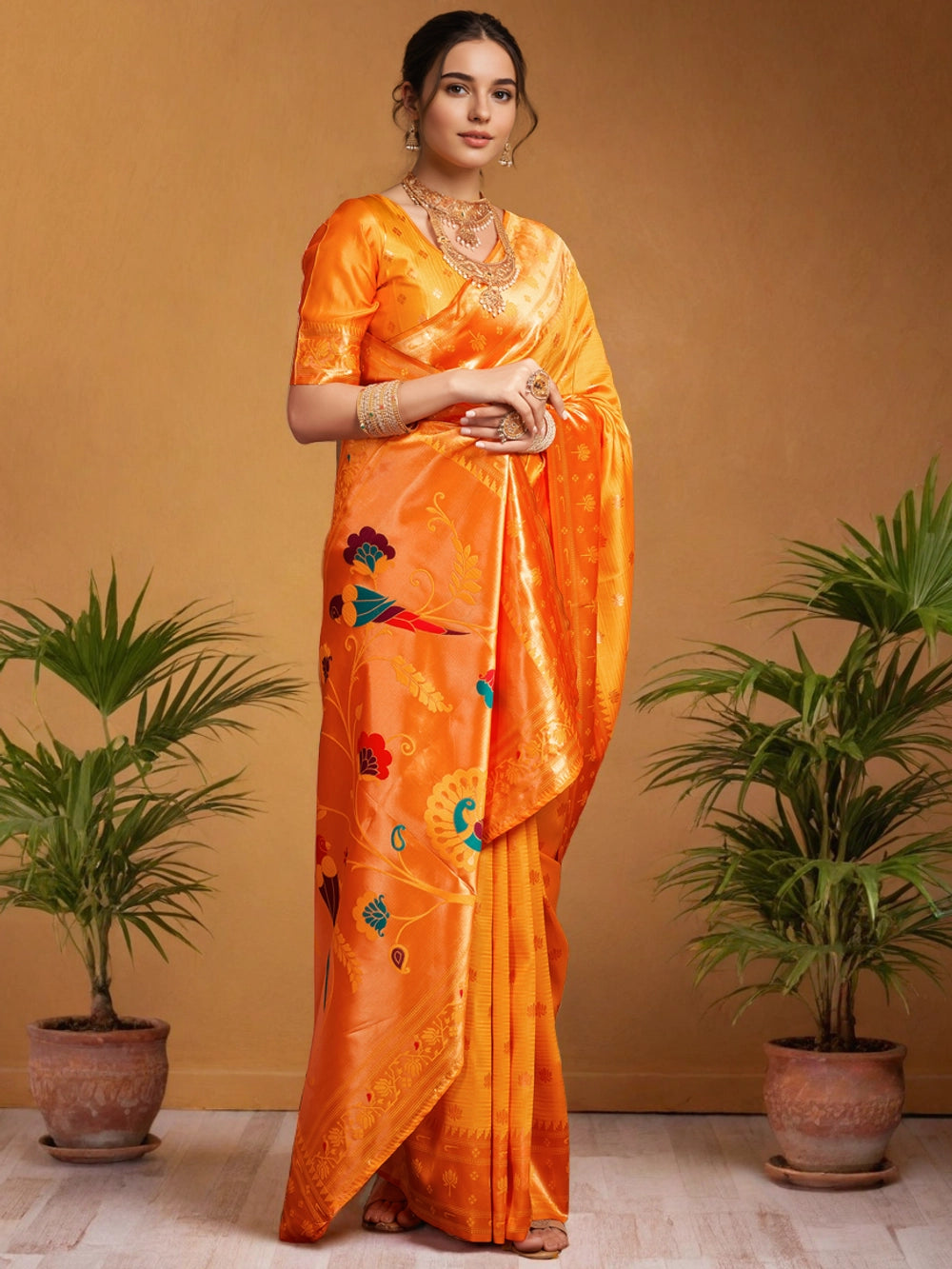 Orange Zari Weaving Paithani Silk Saree - Rheycart
