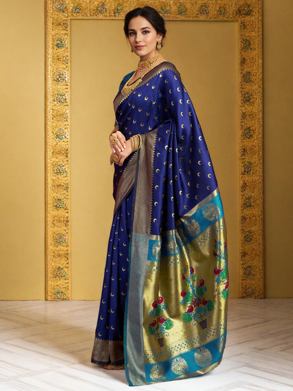 Silk Blend Royal Blue Zari Weaving Paithani Saree - Rheycart
