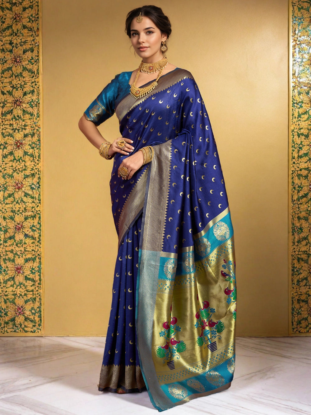 Silk Blend Royal Blue Zari Weaving Paithani Saree - Rheycart