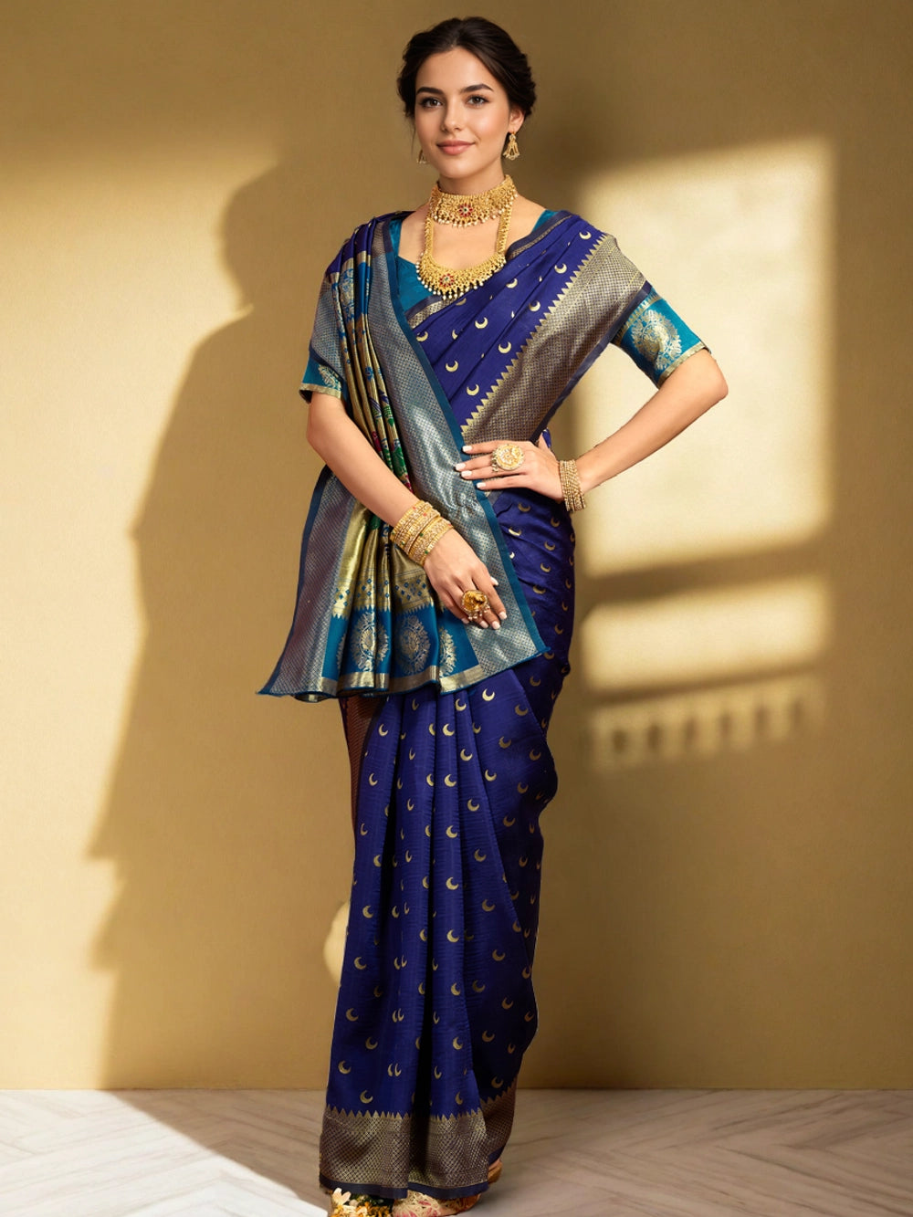 Silk Blend Royal Blue Zari Weaving Paithani Saree - Rheycart