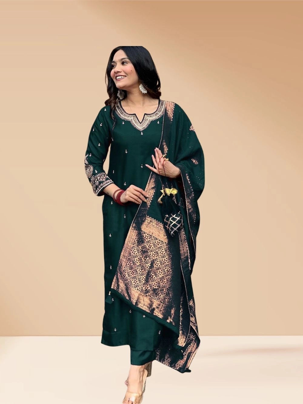 Dark Green PV Chanderi Silk Kurti Set For Women - Rheycart