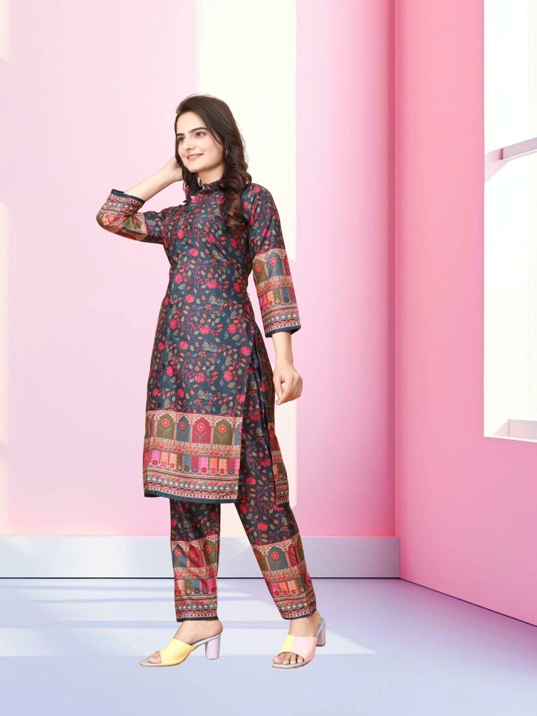 Rusty Red Floral Pattern Cotton Rayon Co-ord Set - Rheycart