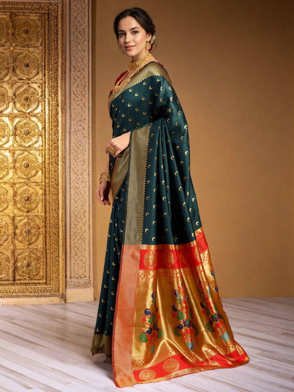 Zari Weaving Silk Blend Dark Green Paithani Saree - Rheycart