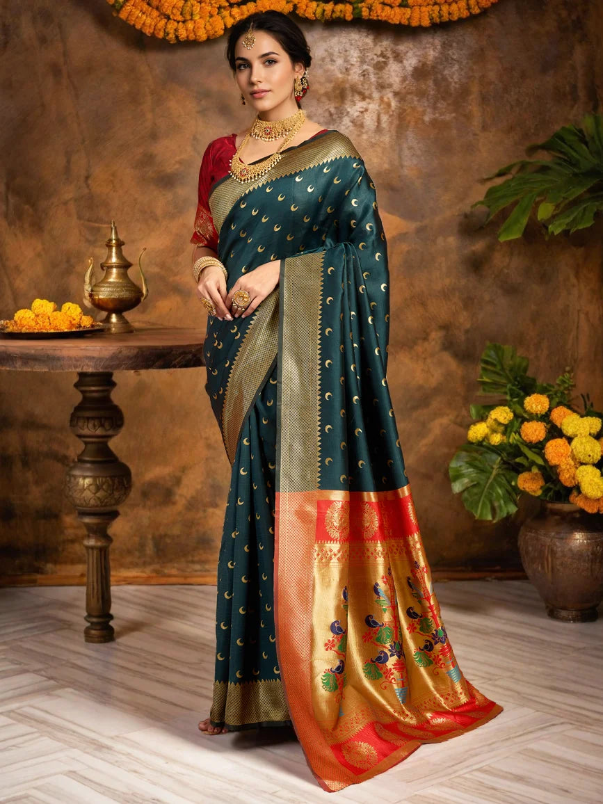 Zari Weaving Silk Blend Dark Green Paithani Saree - Rheycart