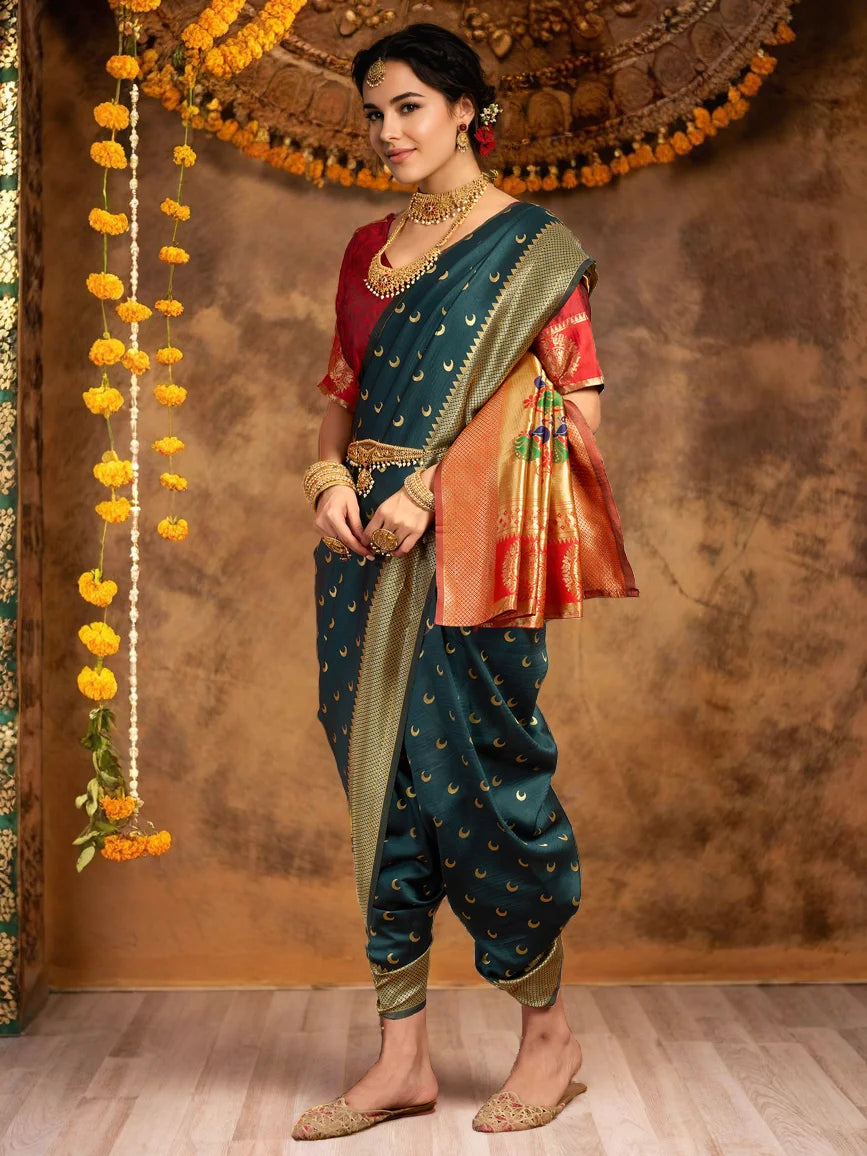 Zari Weaving Silk Blend Dark Green Paithani Saree - Rheycart