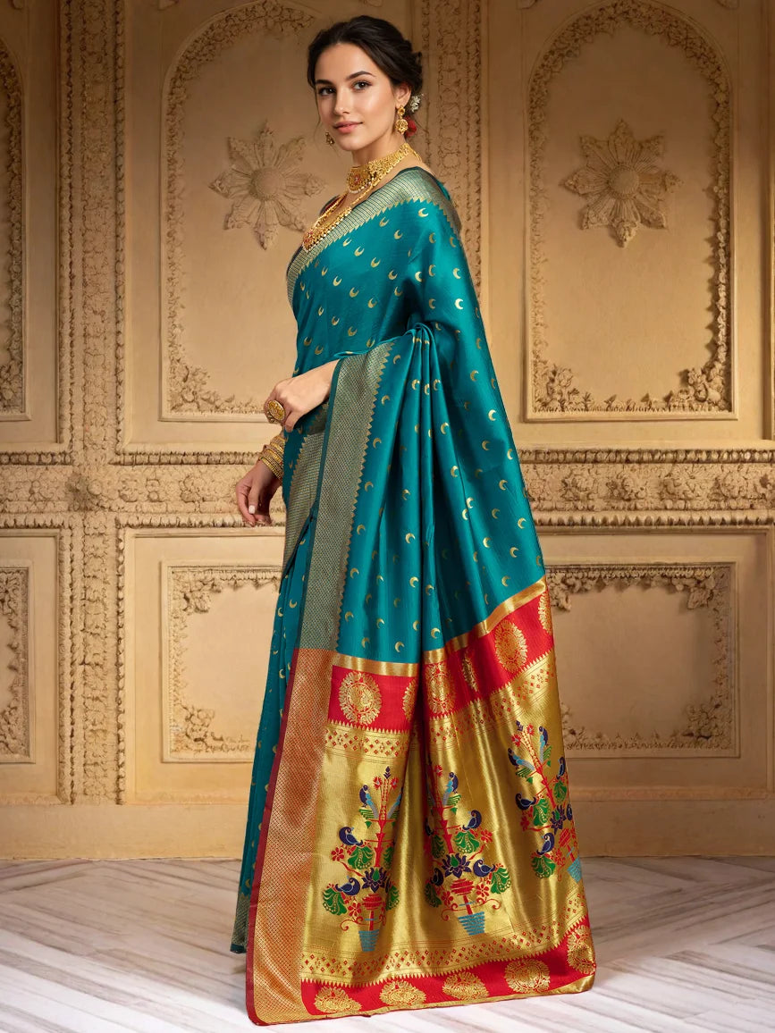 Turquoise Blue Woven Silk Paithani Saree - Rheycart