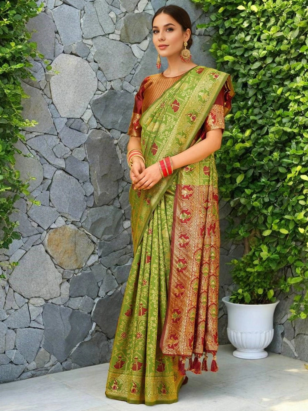 Parrot Green Woven Silk Saree For Women - Rheycart