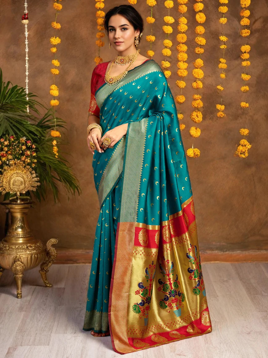 Turquoise Blue Woven Silk Paithani Saree - Rheycart