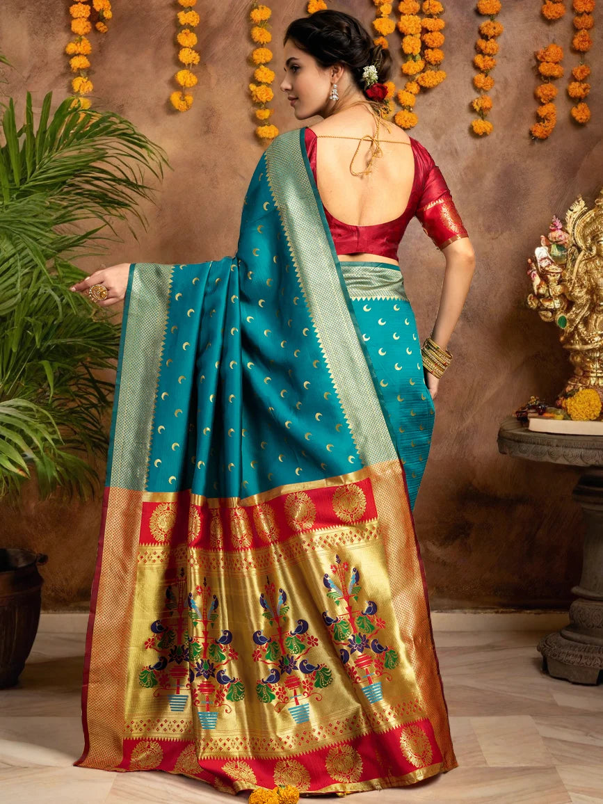 Turquoise Blue Woven Silk Paithani Saree - Rheycart
