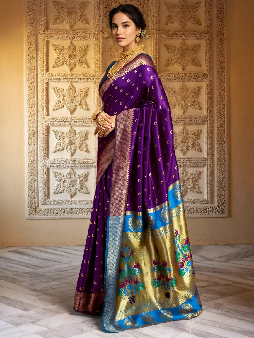 Woven Silk Blend Purple Paithani Saree - Rheycart