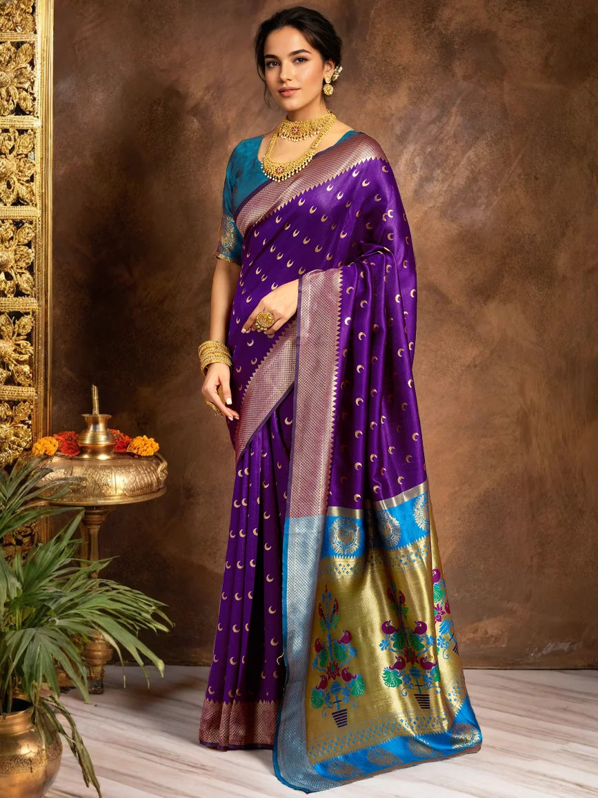 Woven Silk Blend Purple Paithani Saree - Rheycart